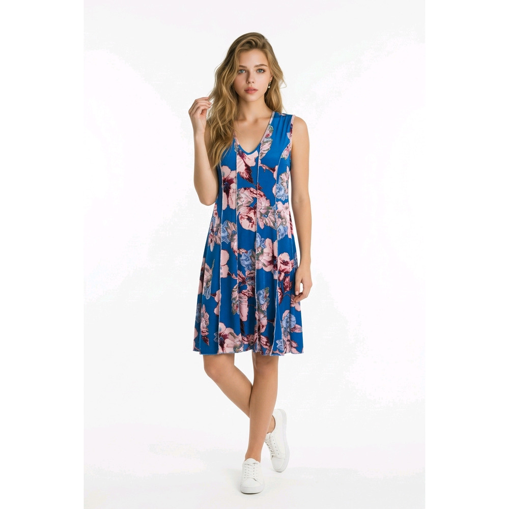 Anna Morgan Sleeveless Blue Floral Gold Glitter Trim Circle Dress Size M